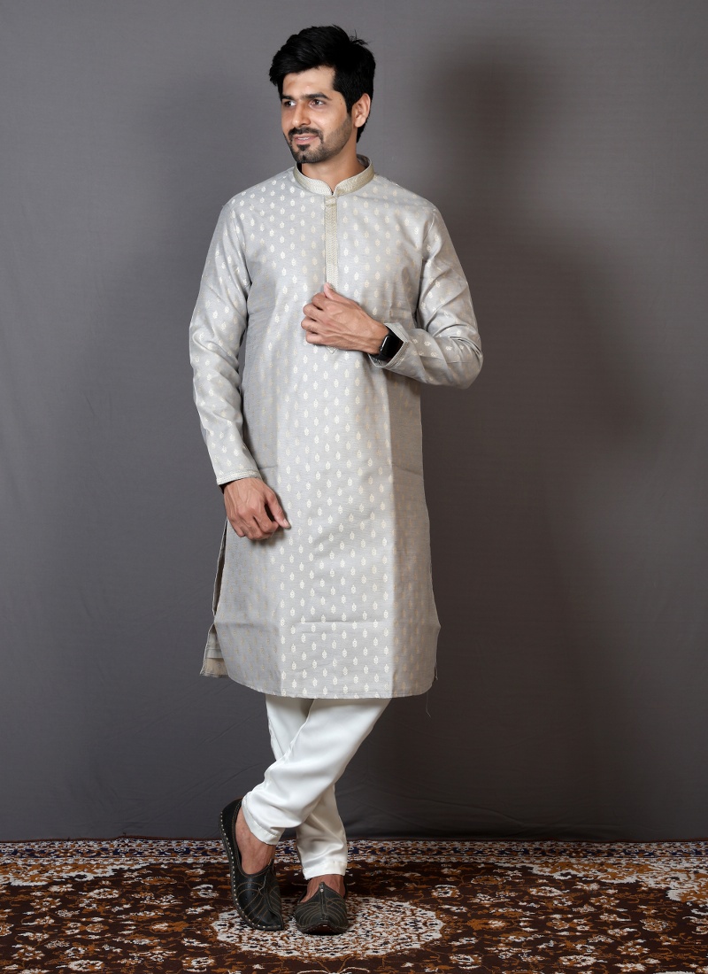 Buy Grey Brocade Silk Solid Color Engagement Ceremony Kurta KF240530 Online Mumbai